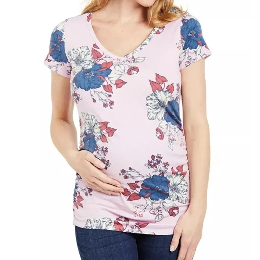 Motherhood Maternity Pink Floral Ruched Sides V Neck T-Shirt sz Medium